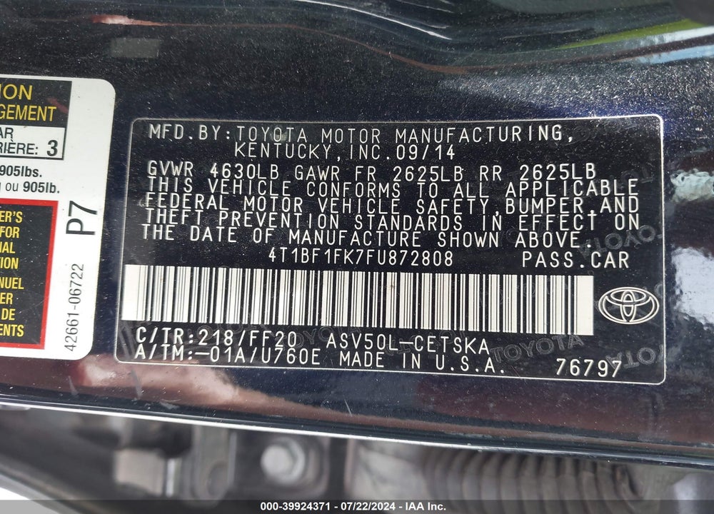 2015 TOYOTA CAMRY SE VIN: 4T1BF1FK7FU872808