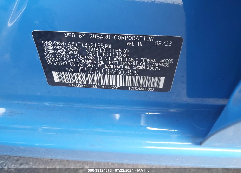 2024 SUBARU IMPREZA SPORT 5-DOOR VIN: JF1GUAFC9R8302899