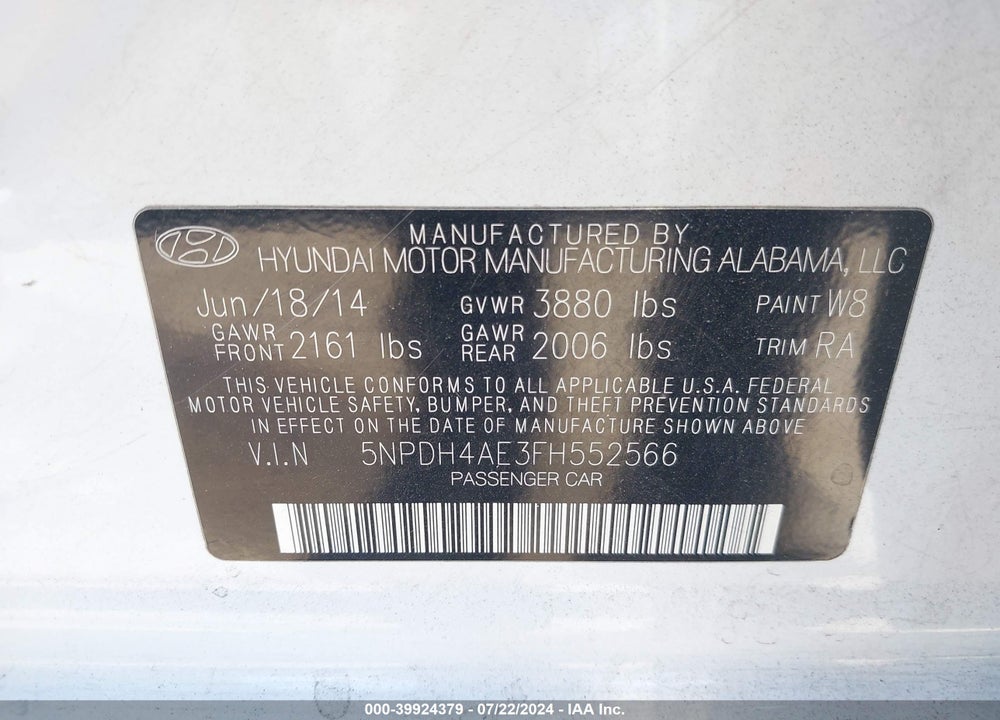 2015 HYUNDAI ELANTRA SE VIN: 5NPDH4AE3FH552566