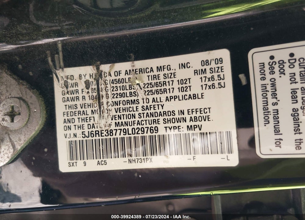 2009 HONDA CR-V EX-L VIN: 5J6RE38779L029769