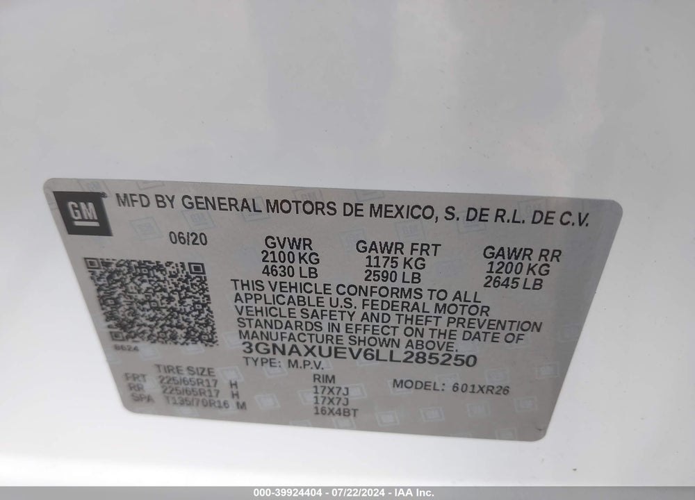 2020 CHEVROLET EQUINOX AWD LT 1.5L TURBO VIN: 3GNAXUEV6LL285250