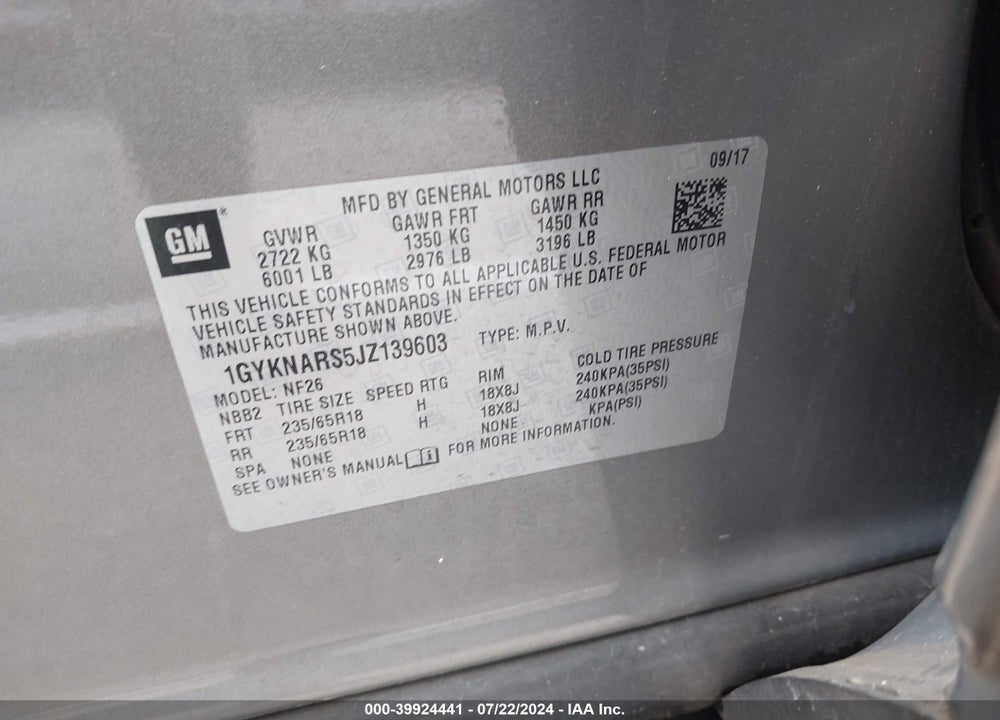 2018 CADILLAC XT5 STANDARD VIN: 1GYKNARS5JZ139603