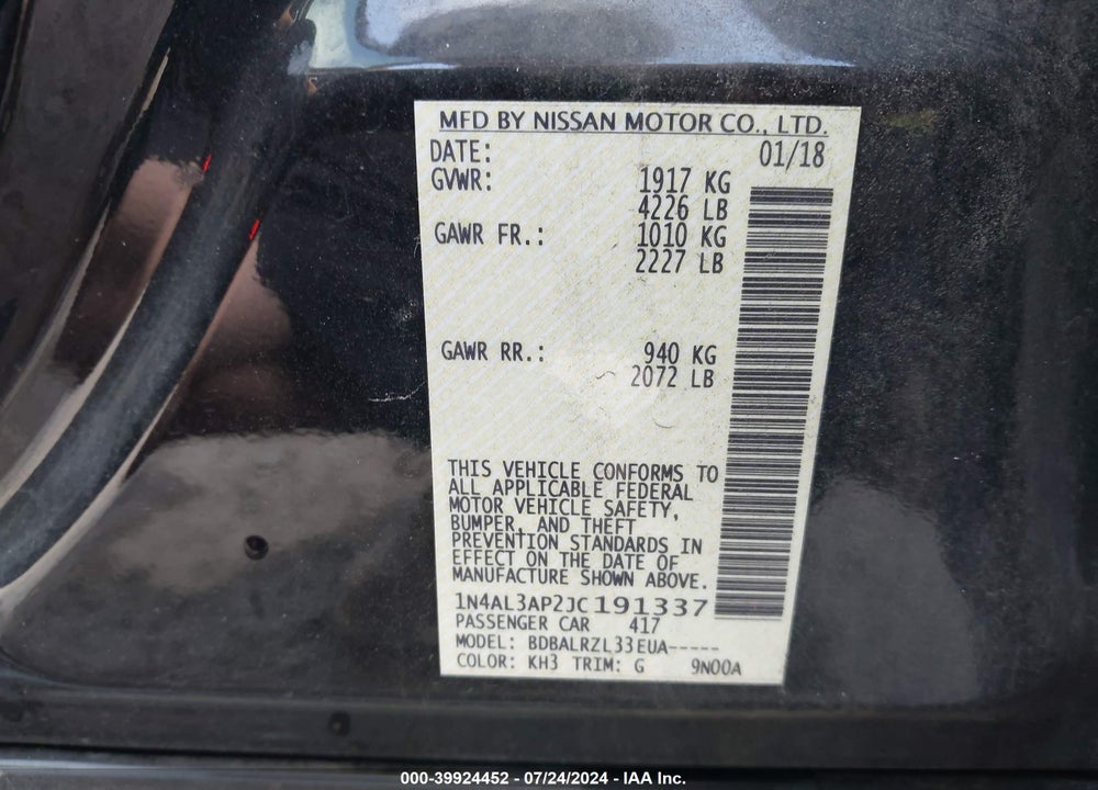 2018 NISSAN ALTIMA 2.5 SL VIN: 1N4AL3AP2JC191337