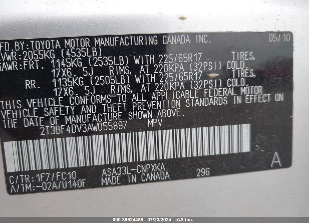 2010 TOYOTA RAV4 VIN: 2T3BF4DV3AW055897