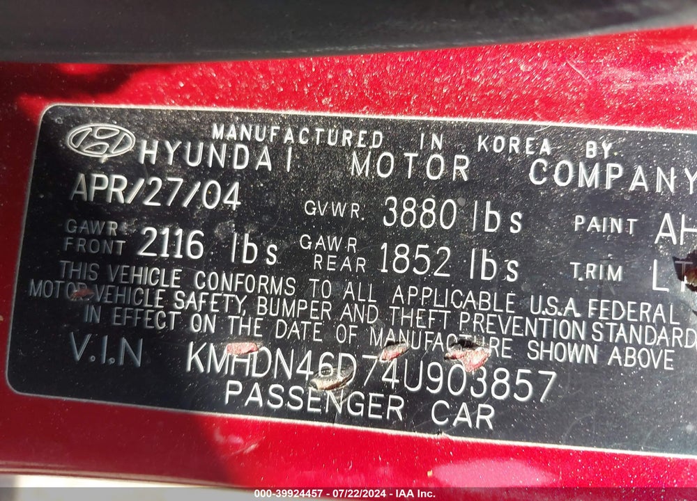 2004 HYUNDAI ELANTRA GLS/GT VIN: KMHDN46D74U903857