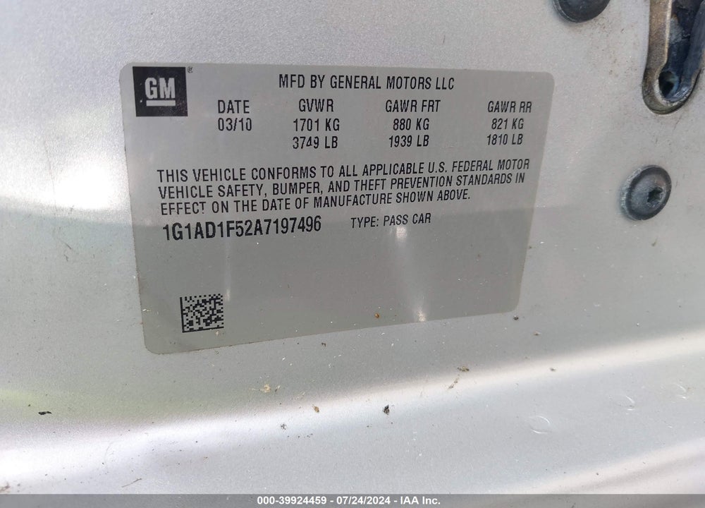 2010 CHEVROLET COBALT LT VIN: 1G1AD1F52A7197496