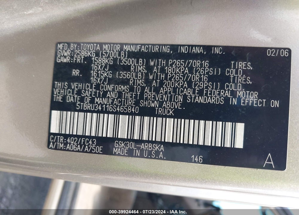 2006 TOYOTA TUNDRA SR5 VIN: 5TBRU34116S465840