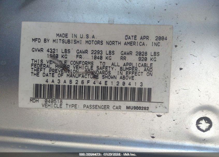 2004 MITSUBISHI GALANT DE VIN: 4A3AB26F44E120413