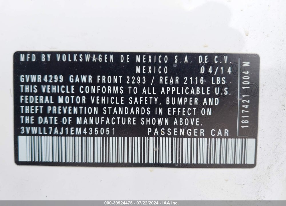 2014 VOLKSWAGEN JETTA 2.0L TDI VIN: 3VWLL7AJ1EM435051