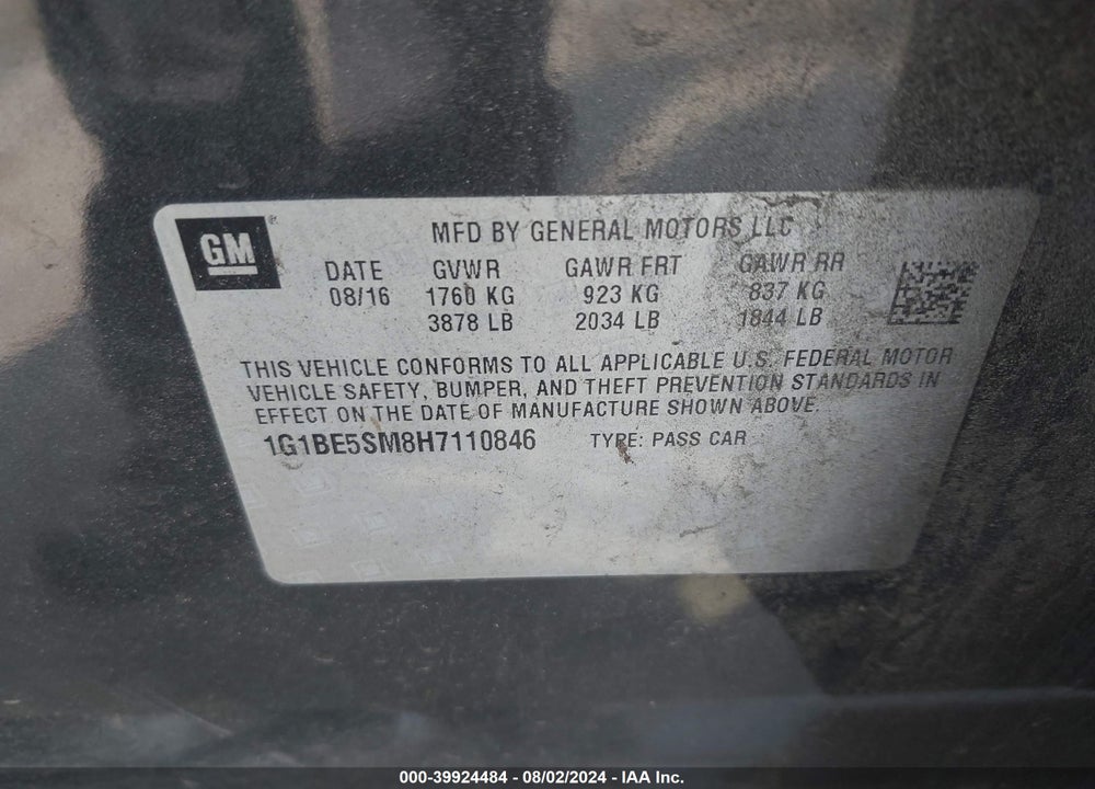 2017 CHEVROLET CRUZE LT AUTO VIN: 1G1BE5SM8H7110846