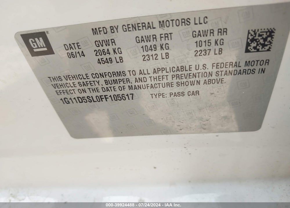 2015 CHEVROLET MALIBU 2LT VIN: 1G11D5SL0FF105617