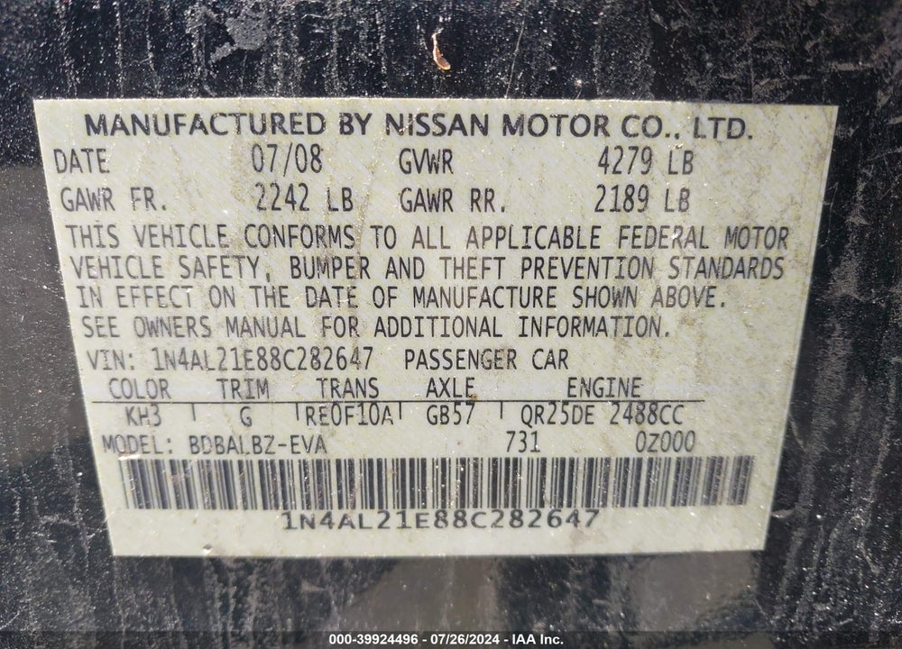 2008 NISSAN ALTIMA 2.5 S VIN: 1N4AL21E88C282647