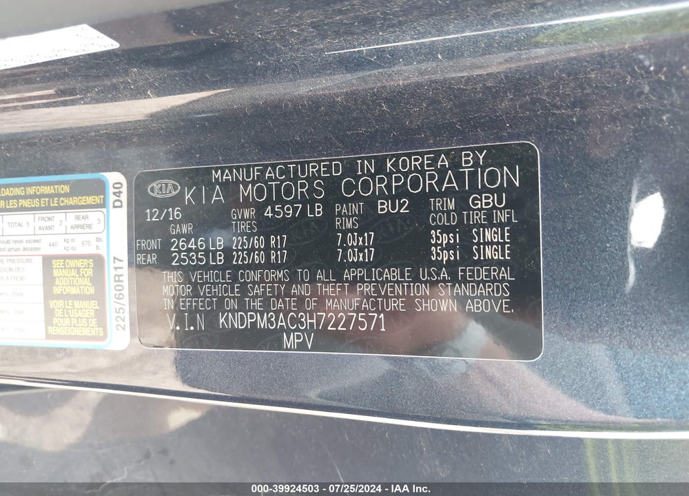 2017 KIA SPORTAGE LX VIN: KNDPM3AC3H7227571