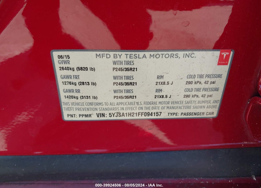 2015 TESLA MODEL S 70D/85D/P85D VIN: 5YJSA1H21FF094157