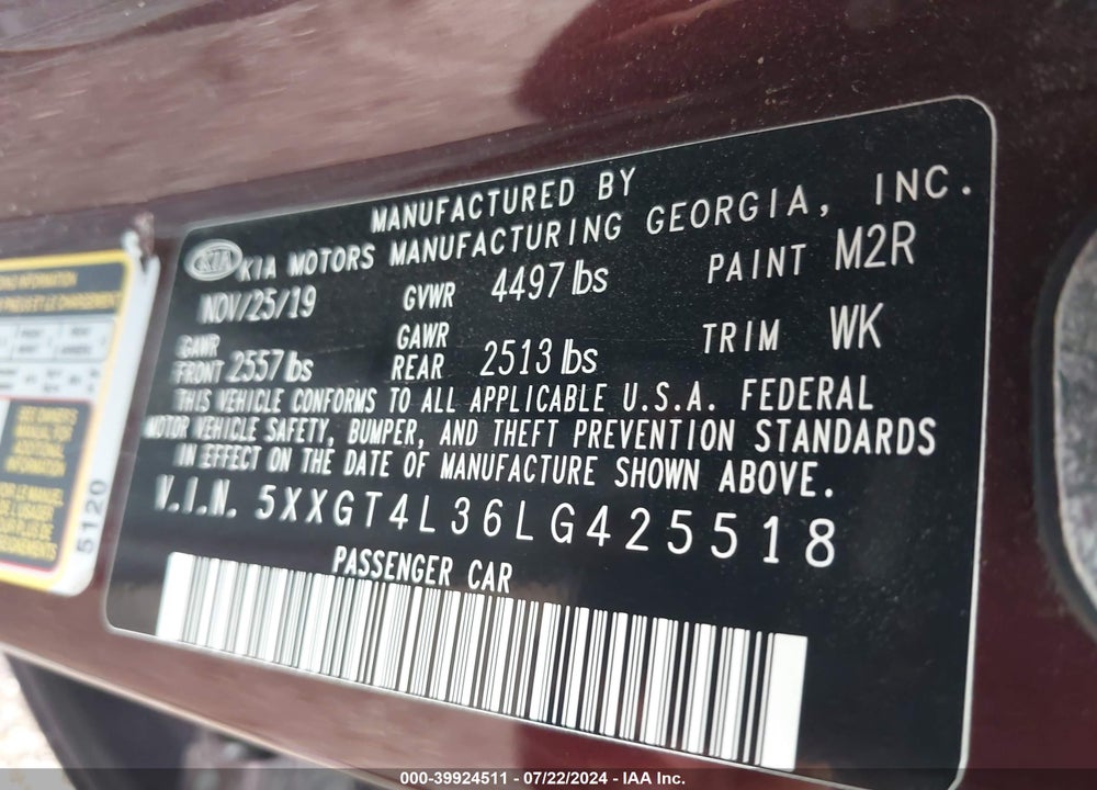 2020 KIA OPTIMA LX VIN: 5XXGT4L36LG425518
