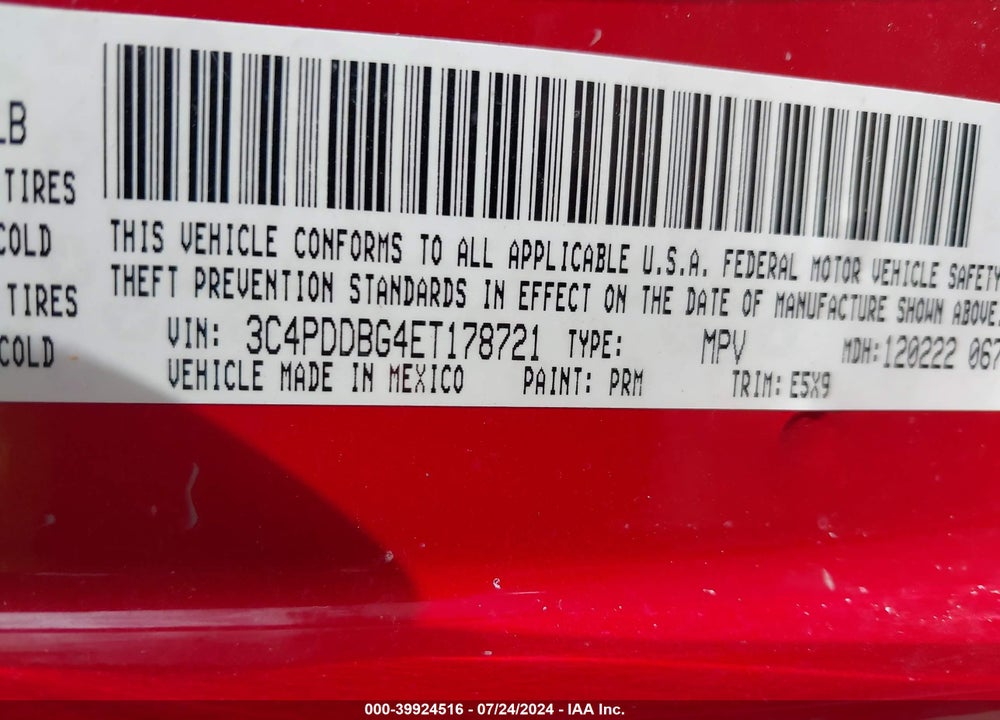 2014 DODGE JOURNEY VIN: 3C4PDDBG4ET178721