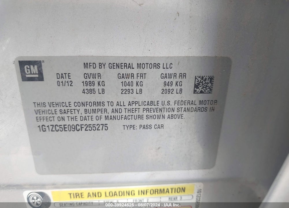 2012 CHEVROLET MALIBU 1LT VIN: 1G1ZC5E09CF255275