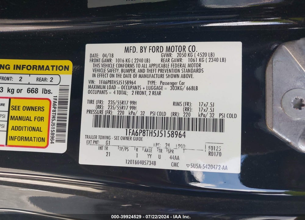 2018 FORD MUSTANG ECOBOOST VIN: 1FA6P8TH5J5158964