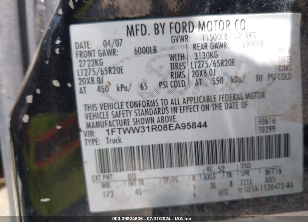 2008 FORD F-350 FX4/HARLEY-DAVIDSON/KING RANCH/LARIAT/XL/XLT VIN: 1FTWW31R08EA95844