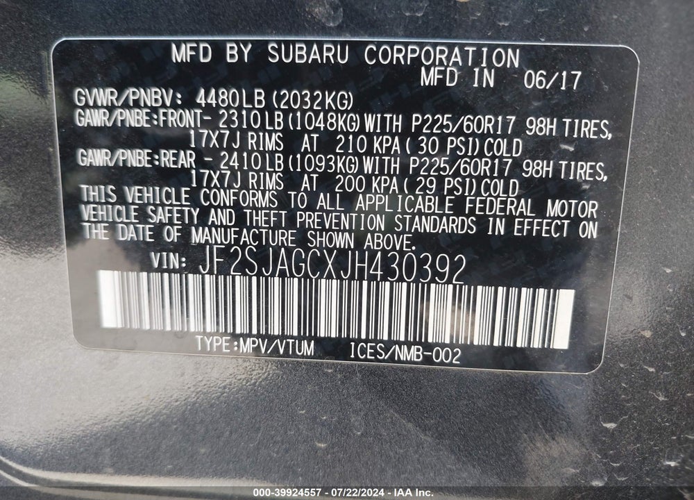 2018 SUBARU FORESTER 2.5I PREMIUM VIN: JF2SJAGCXJH430392
