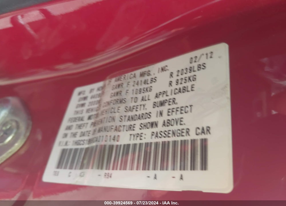 2012 HONDA ACCORD 2.4 EX-L VIN: 1HGCS1B89CA010140
