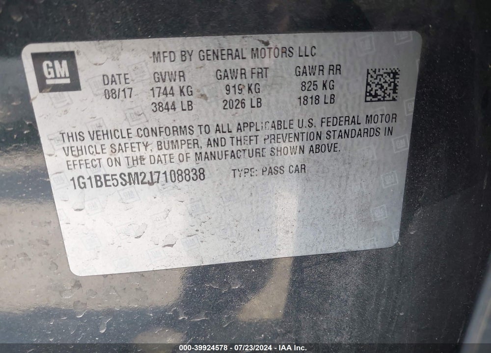 2018 CHEVROLET CRUZE VIN: 1G1BE5SM2J7108838