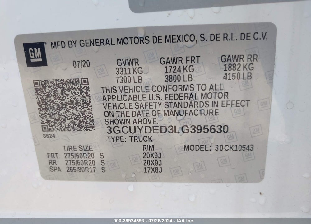 2020 CHEVROLET SILVERADO 1500 4WD SHORT BED LT VIN: 3GCUYDED3LG395630