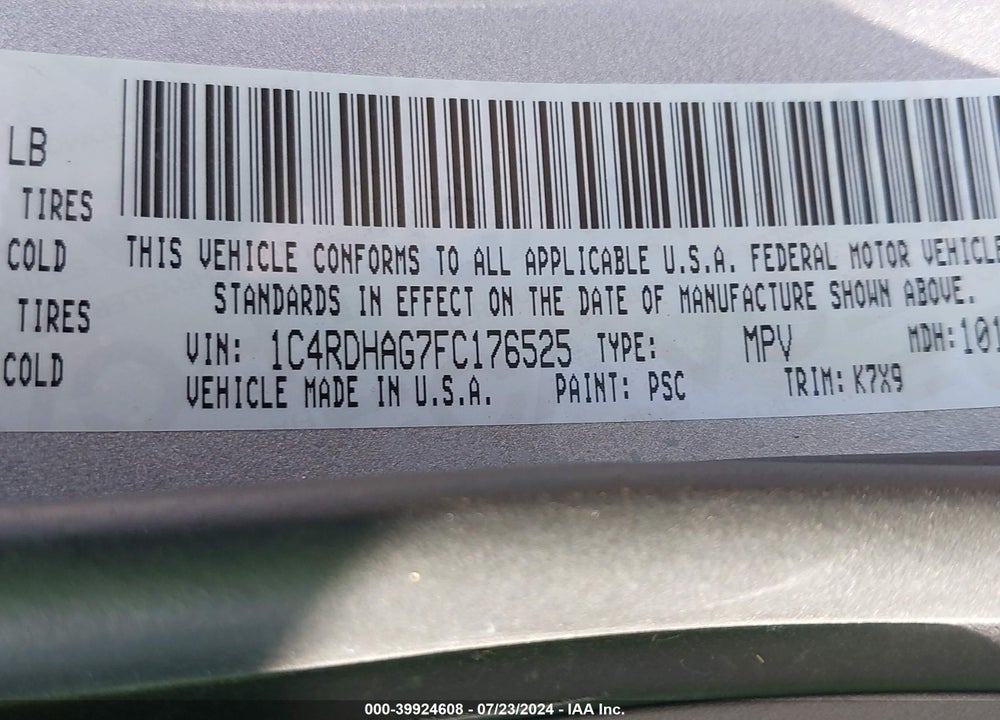 2015 DODGE DURANGO SXT VIN: 1C4RDHAG7FC176525