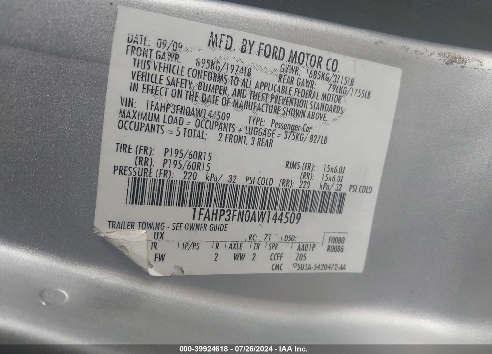 2010 FORD FOCUS SE VIN: 1FAHP3FN0AW144509