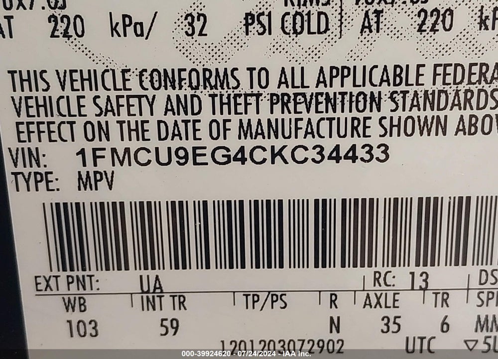 2012 FORD ESCAPE LIMITED VIN: 1FMCU9EG4CKC34433