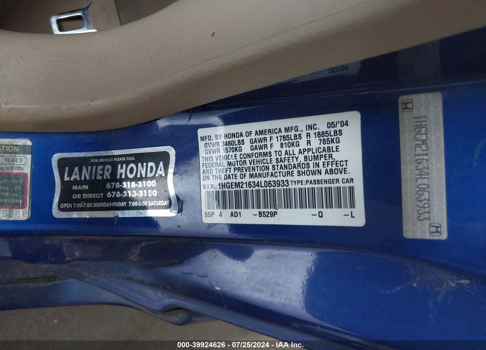 2004 HONDA CIVIC LX VIN: 1HGEM21634L063933