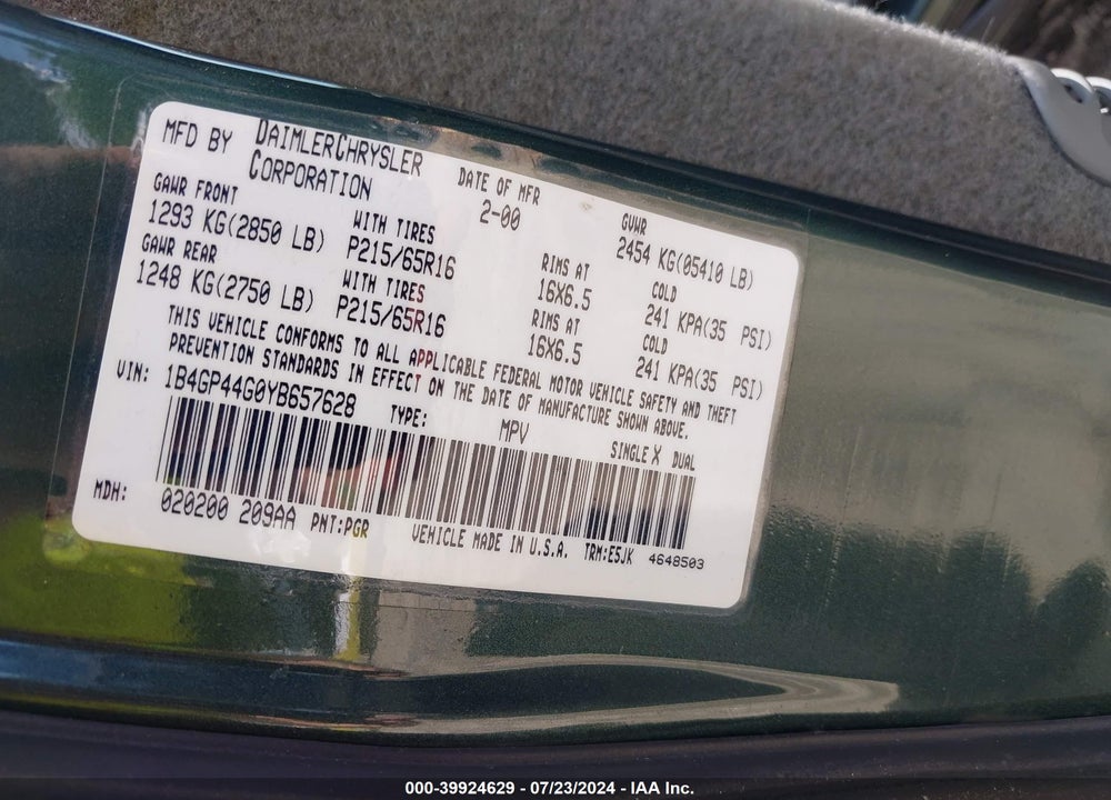 2000 DODGE GRAND CARAVAN SE VIN: 1B4GP44G0YB657628