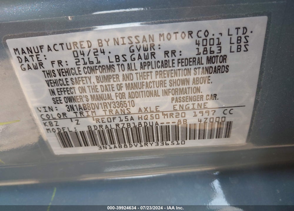 2024 NISSAN SENTRA SR XTRONIC CVT VIN: 3N1AB8DV1RY336510