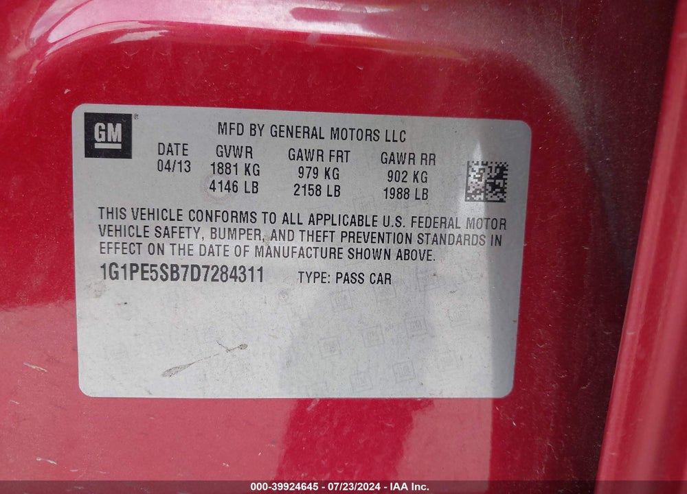 2013 CHEVROLET CRUZE VIN: 1G1PE5SB7D7284311