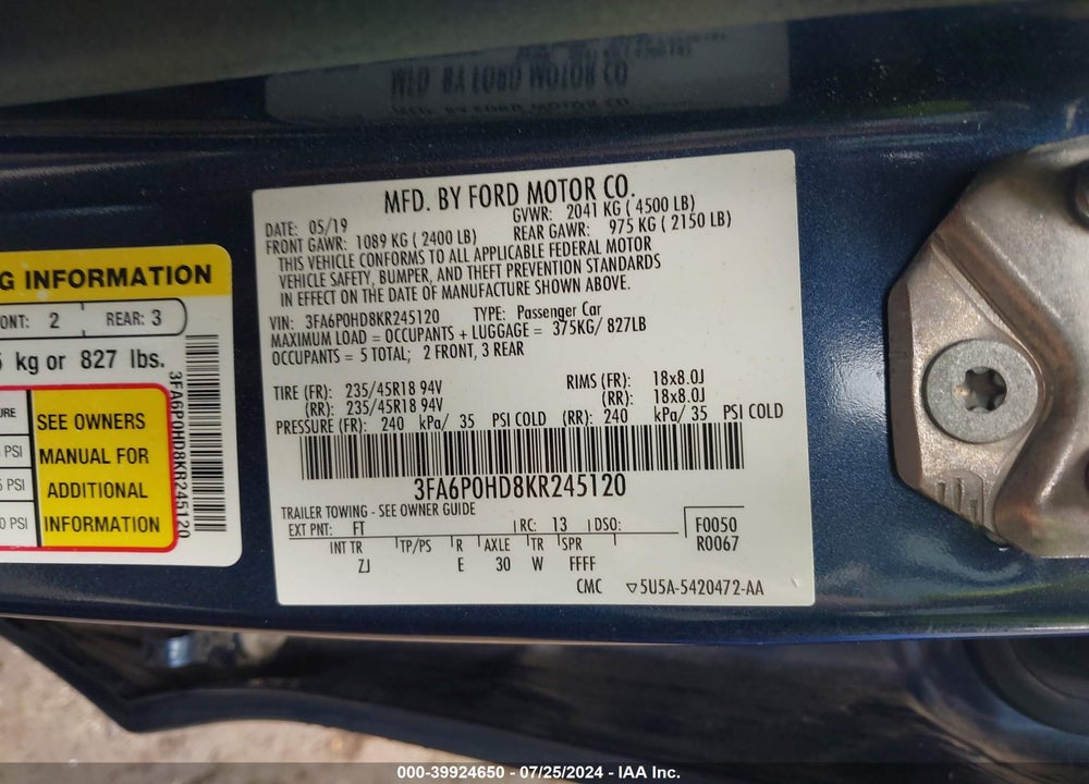 2019 FORD FUSION SE VIN: 3FA6P0HD8KR245120