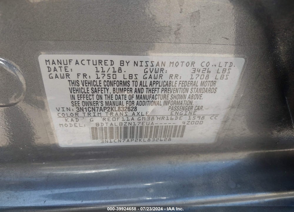2019 NISSAN VERSA 1.6 SV VIN: 3N1CN7AP2KL832628