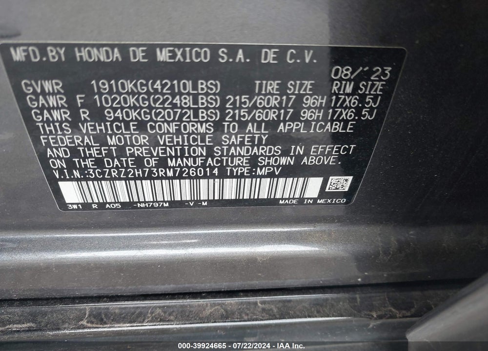 2024 HONDA HR-V AWD EX-L/AWD EX-L W/O BSI VIN: 3CZRZ2H73RM726014