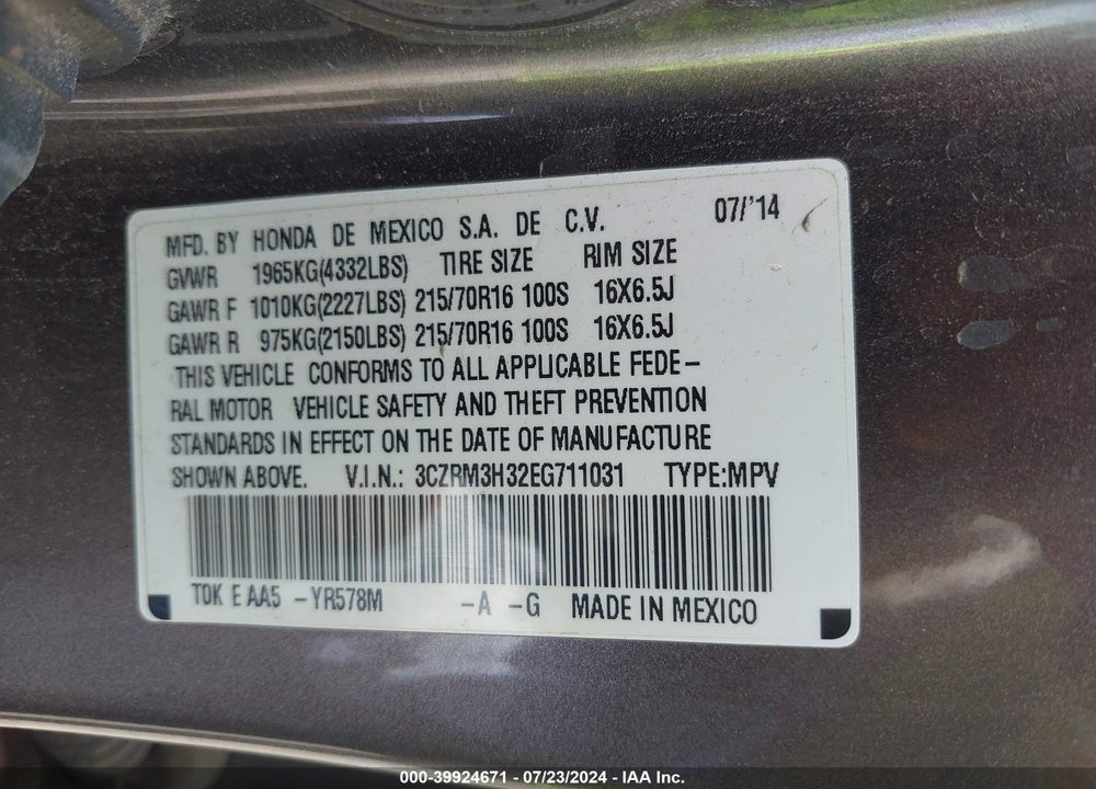2014 HONDA CR-V LX VIN: 3CZRM3H32EG711031