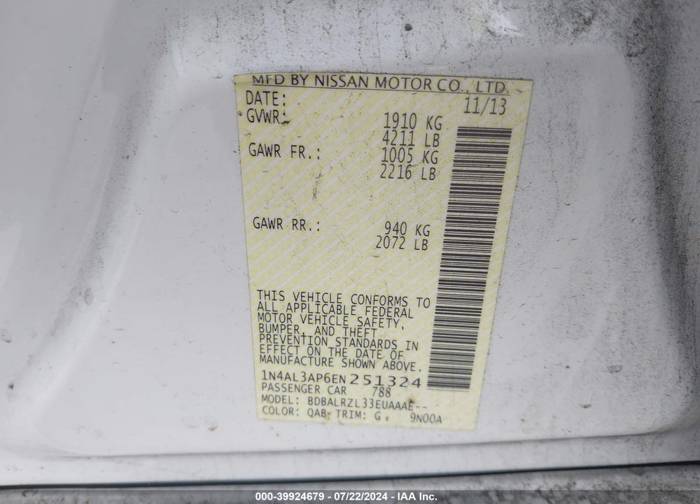 2014 NISSAN ALTIMA 2.5 S VIN: 1N4AL3AP6EN251324