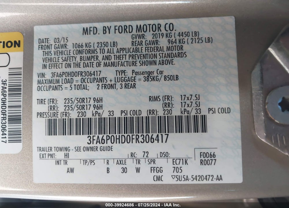 2015 FORD FUSION SE VIN: 3FA6P0HD0FR306417