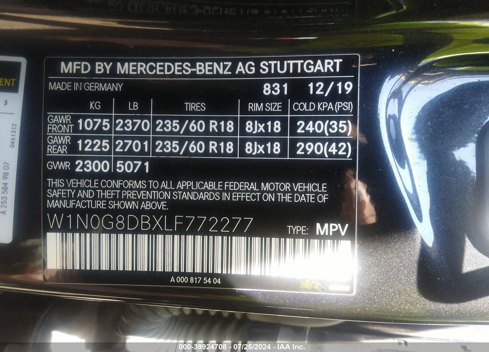 2020 MERCEDES-BENZ GLC 300 VIN: W1N0G8DBXLF772277