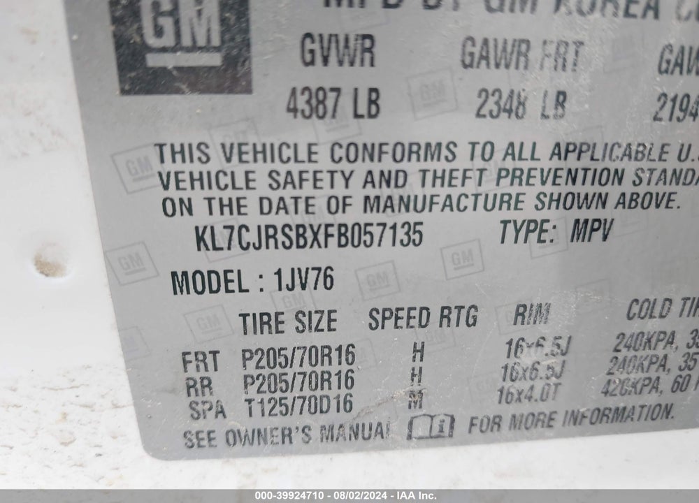 2015 CHEVROLET TRAX LT VIN: KL7CJRSBXFB057135