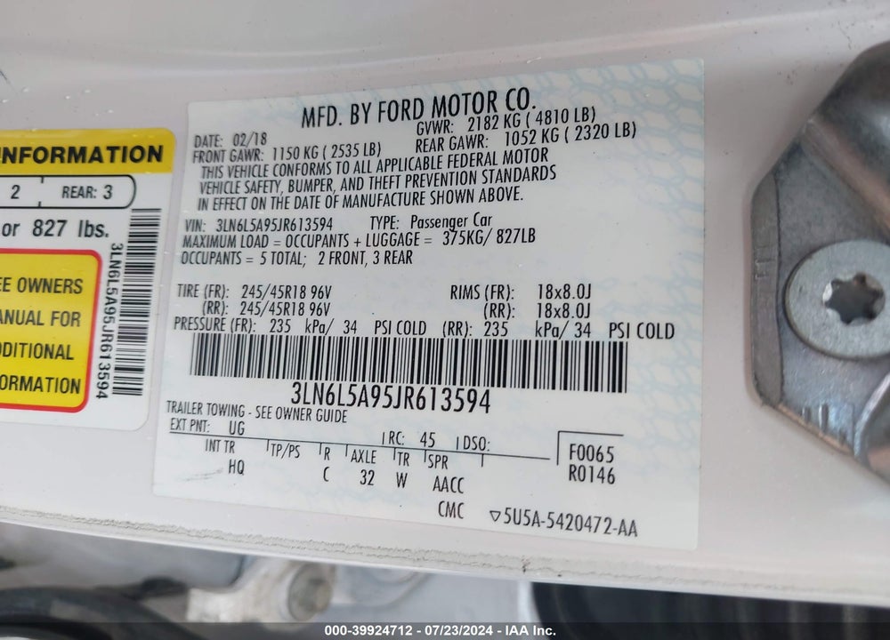 2018 LINCOLN MKZ VIN: 3LN6L5A95JR613594