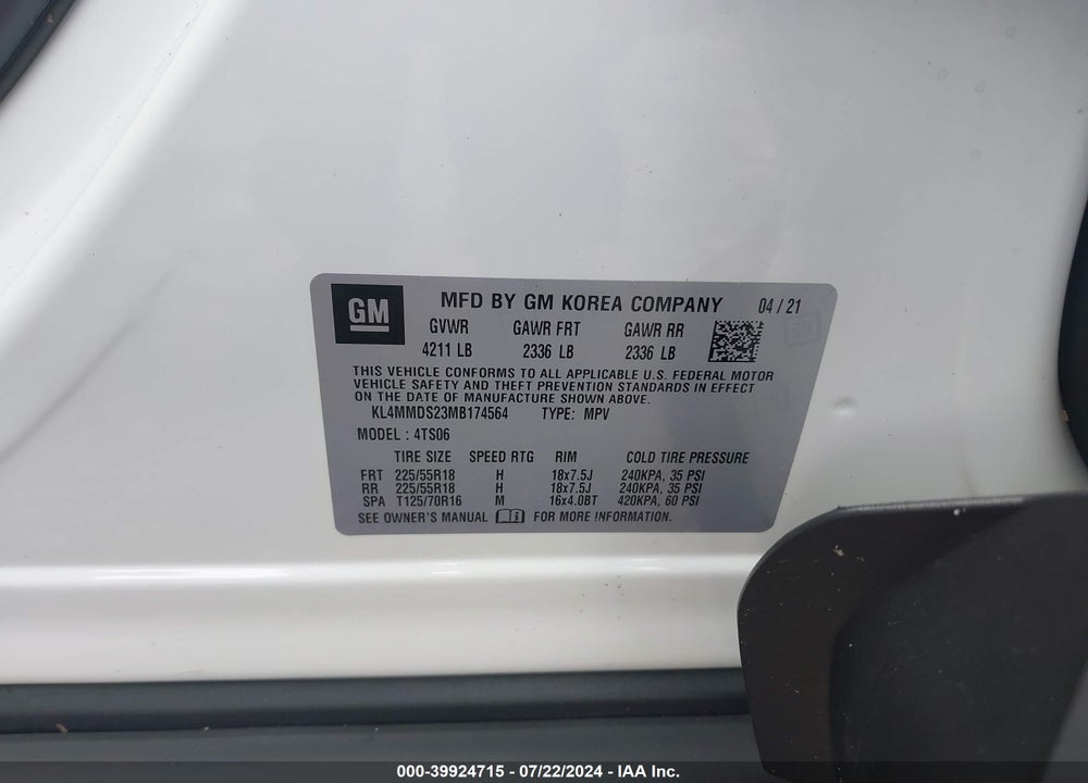 2021 BUICK ENCORE GX FWD SELECT VIN: KL4MMDS23MB174564