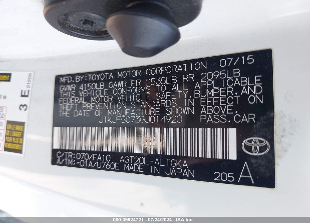 2016 SCION TC VIN: JTKJF5C73GJ014920
