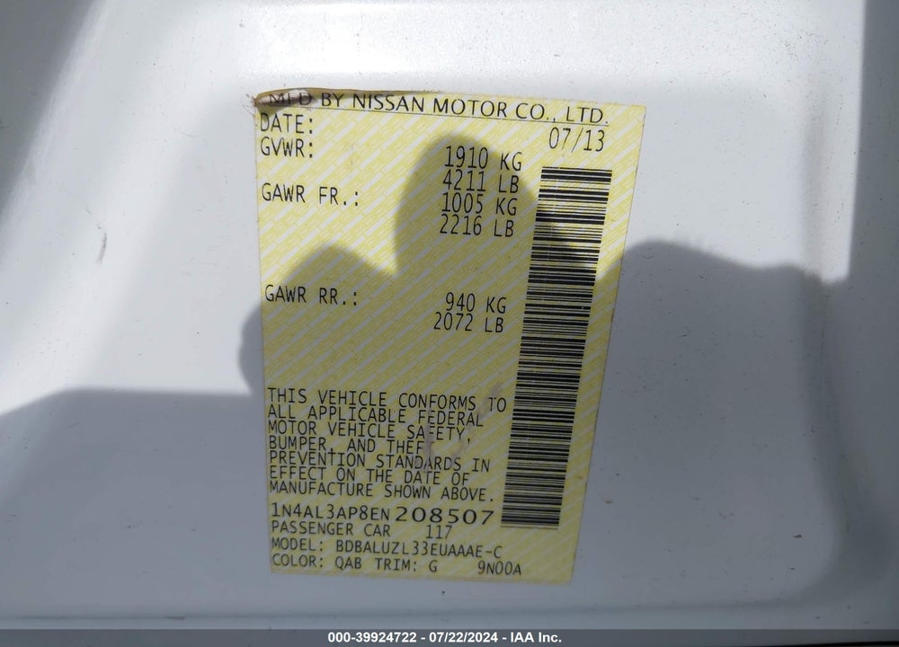 2014 NISSAN ALTIMA 2.5 SV VIN: 1N4AL3AP8EN208507