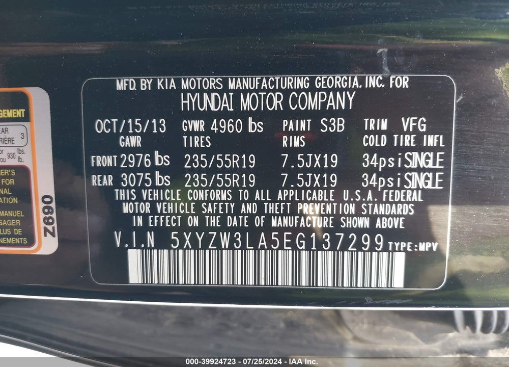 2014 HYUNDAI SANTA FE SPORT 2.0L TURBO VIN: 5XYZW3LA5EG137299