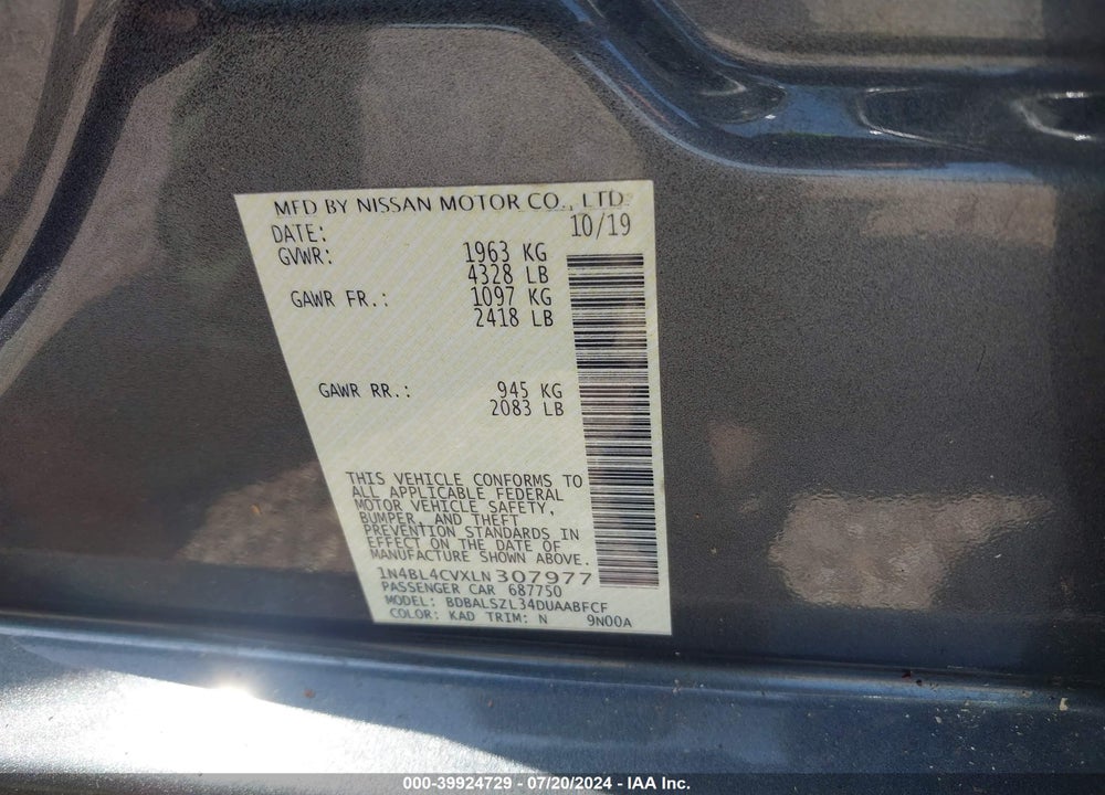 2020 NISSAN ALTIMA SR FWD VIN: 1N4BL4CVXLN307977