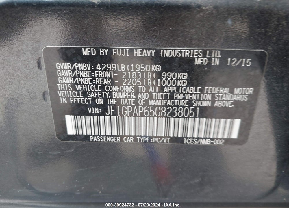 2016 SUBARU IMPREZA 2.0I SPORT PREMIUM VIN: JF1GPAP65G8238051
