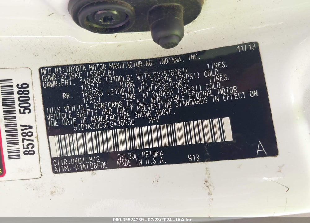 2014 TOYOTA SIENNA XLE V6 8 PASSENGER VIN: 5TDYK3DC3ES430550